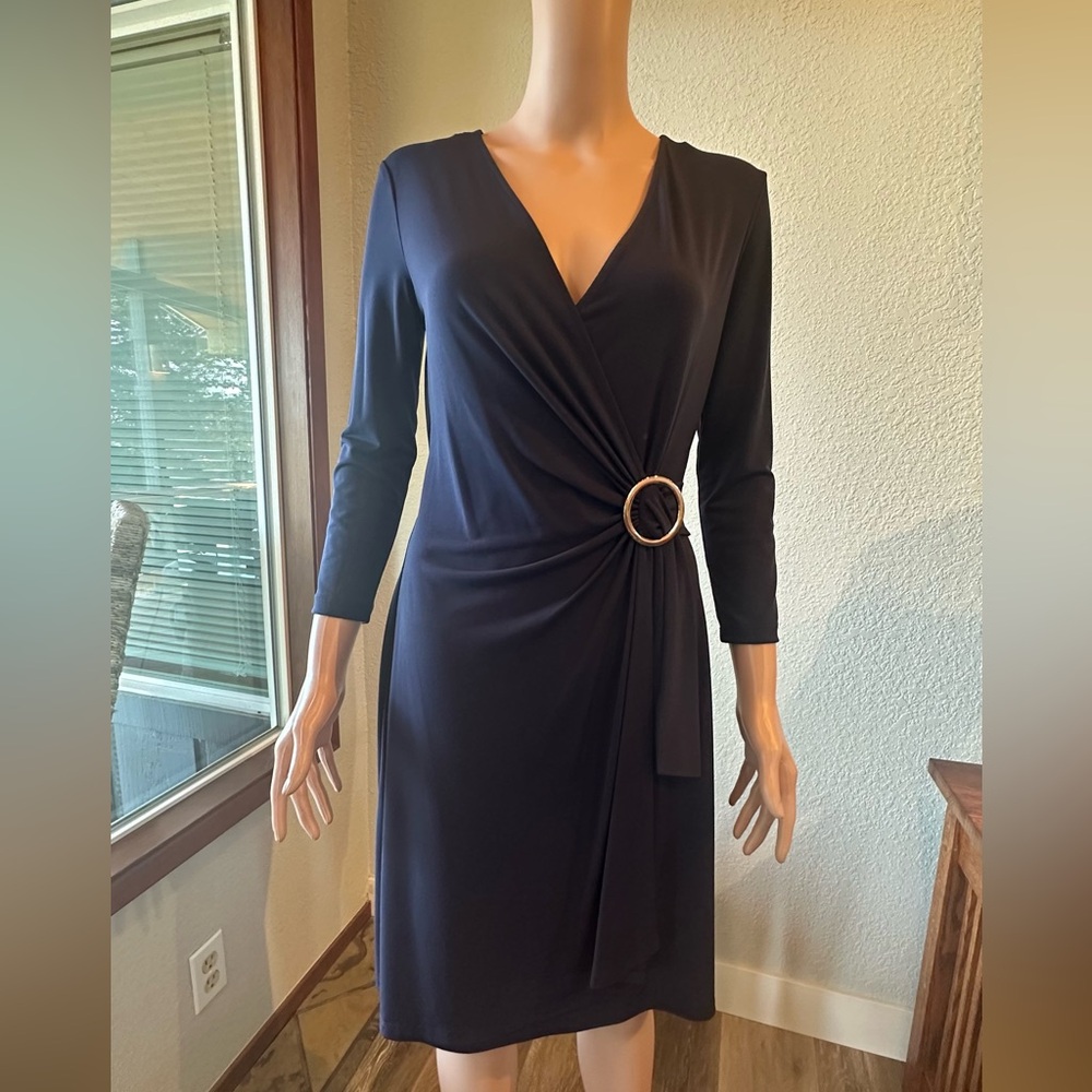 Calvin Klein Navy Long Sleeve Dress with Gold Ring Accent